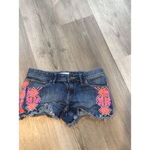 Roxy Jean Shorts 25 Jr Women Blue Cutoff Raw Hem Embroidered Aztec Stretch Denim